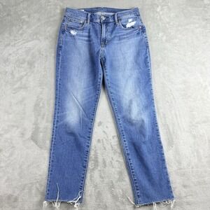 Gap Jeans Womens 27/4 Blue Denim Girlfriend Mid Rise Distressed Raw Hem